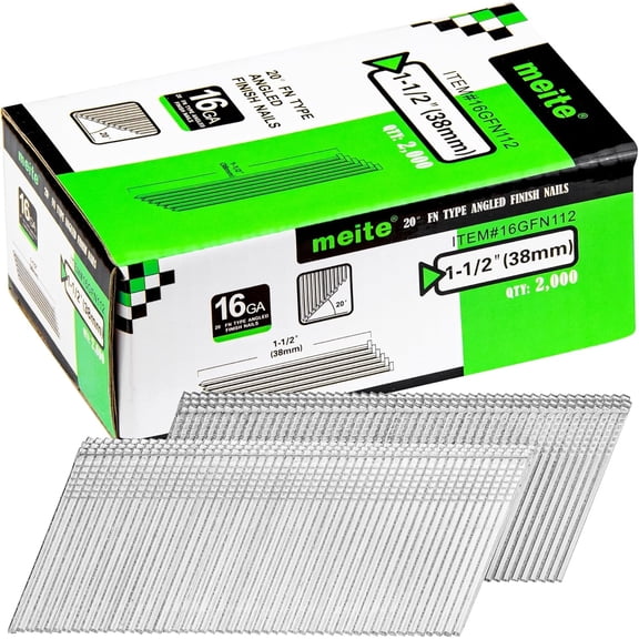 2,000 PCS MEITE 16 Gauge Angled Finish Nails, 20-Degree 1-1/2-inch Length, Galvanized Finishing Nail for Electric or Pneumatic Guns