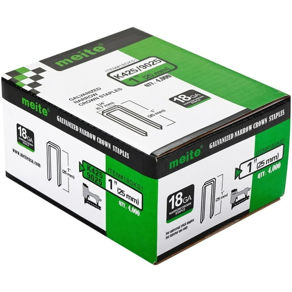 4,000 Pcs MEITE 18 Gauge 1/4-Inch Narrow Crown Staples, 1-Inch Length, Galvanized, Heavy Duty for Electric or Pneumatic  Guns