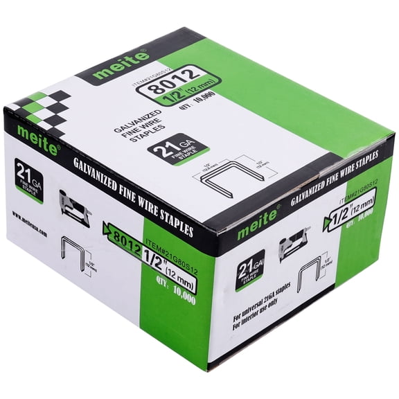 meite 21 Gauge 1/2-inch Crown 1/2-inch Leg Length Galvanized Fine Wire Staples (10,000 Pcs/Box)