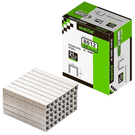 MEITE 21GA 80 Type 304 Stainless Steel Staples, 1/2" Crown 1/2" Length for Upholstery 10,000 Pcs/Box(1 Box)