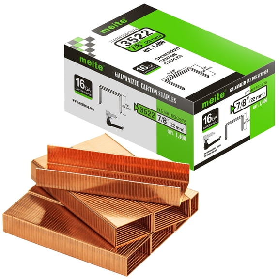 meite Carton Closing Staples 16 Gauge 1-3/8" Wide Crown 7/8" Leg Copper-Coated Box Staples for Pneumatic or Manual Box Stapler Cardboard Sealer Packaging (1,400PCS)