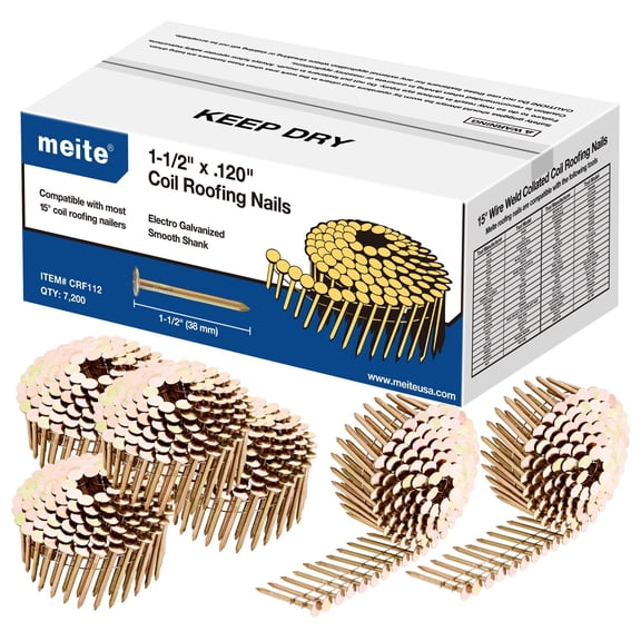 Meite 15 Degree Smooth Shank Galvanized Collated Roofing Nails, 7,200 Pieces, 1-1/2 inch Coil Roofing Nails