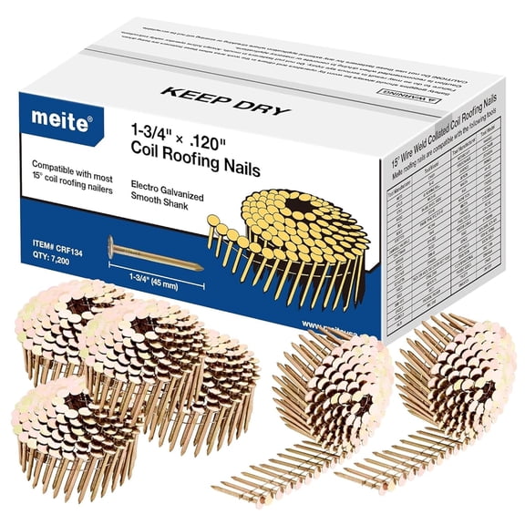 MEITE 7,200 Counts Coil Roofing Nails 15 Degree 1-3/4" Length Smooth Shank Galvanized Wire Collated Nails