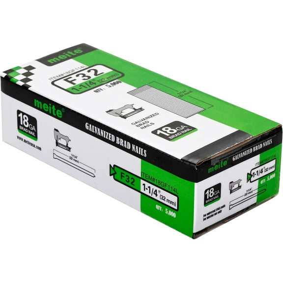 MEITE F32 18 Gauge 1-1/4 Inch Galvanized Brad Nail,60,000 PCS, 1 Case（12 Boxes）