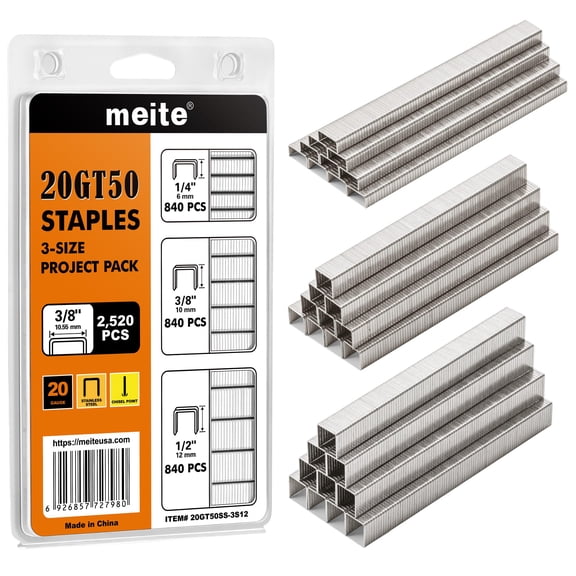 meite T50 Stainless Steel Staples Marine, 1/4", 3/8" and 1/2" Leg Staples for Staple Gun, 2,520 Counts, 304 Stainless Steel, 20 Gauge 3/8 Inch Crown T-50 Upholstery Staple for Marine Applications