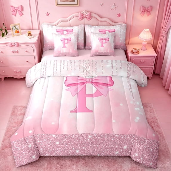 meiyoeat 3D Cartoon Coquette Bows 7 Pieces Full Size Bedding Sets For Kids,Girly Personalized Alphabet P Full Size Bed in a Bag,Pink Reversible