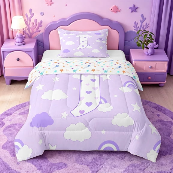 meiyoeat 3D Cartoon Heart Print Twin Comforter SetsPurple Initial Alphabet J Bedding Set For Girl,Colorful Stars Reversible,2-Piece,1 Comforter and 1 Pillowcase