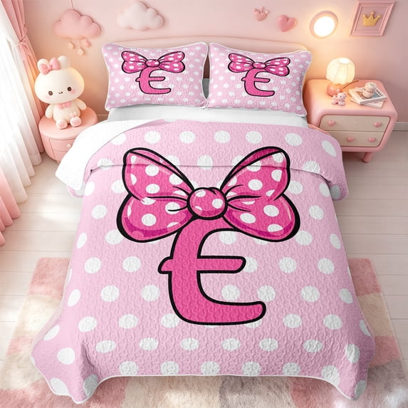 meiyoeat 3D Cartoon Initial E Bed Spread Queen For Girls,Princess Bow Monogram Art Queen Coverlet Set,3-Piece,1 Quilt and 2 Pillowcases