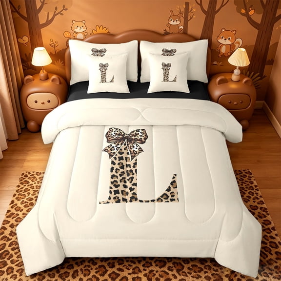 meiyoeat 3D Cartoon Initial Letter L 7 Pieces Full Size Bedding Sets,Kawaii Leopard Bow Full Size Bed in a Bag,Black Reversible