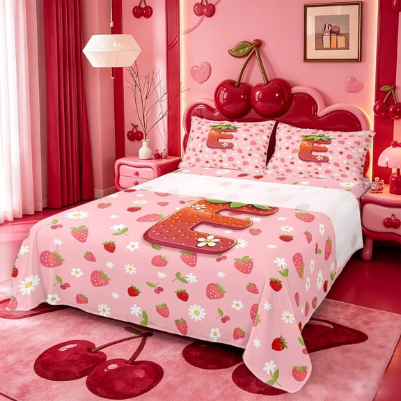 meiyoeat 3D Cartoon Monogram E Bed SheetsPink Fruit Strawberry Full Size Sheets For Girl,4-Piece,1 Flat Sheet,1 Fitted Sheet and 2 Pillowcases