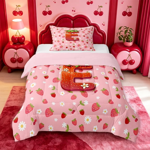 meiyoeat 3D Cartoon Monogram E Twin Comforter SetsPink Fruit Strawberry Bedding Set For Girl,Pink Reversible,2pcs,1 Comforter and 1 Pillowcase