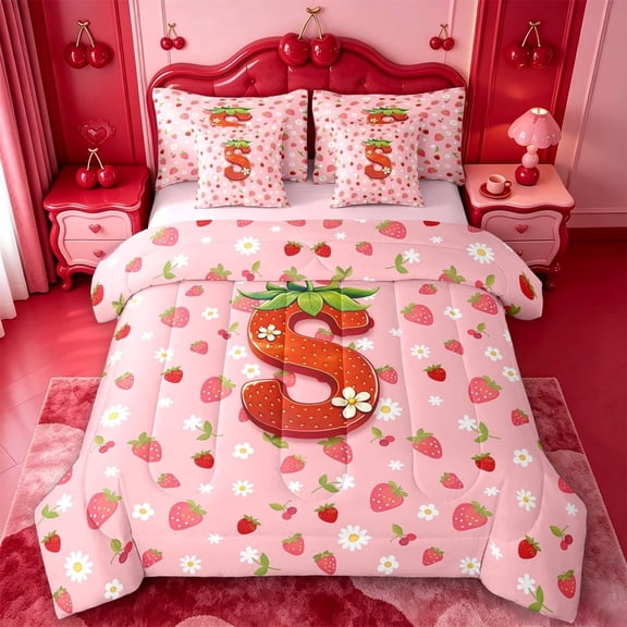 meiyoeat 3D Cartoon Monogram S 7-Piece Twin BeddingPink Fruit Strawberry Bedding Comforter Set For Girl,Pink Reversible
