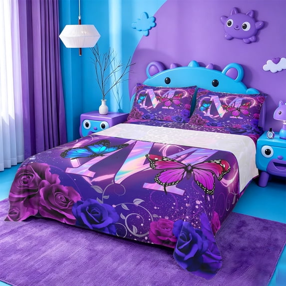 meiyoeat 3D Cartoon Neon Monogrammed M Bed SheetsVintage Botanical Flower Full Size Sheets For Girl,4 Pieces,1 Flat Sheet,1 Fitted Sheet and 2 Pillowcases