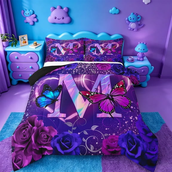 meiyoeat 3D Cartoon Neon Monogrammed M Full Size Comforter SetsVintage Botanical Flower Bedding Comforter Set For Girl,Black Reversible,3 Pieces,1 Comforter and 2 Pillowcases
