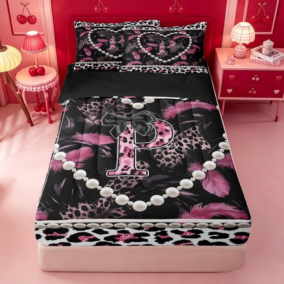 meiyoeat 3D Cartoon Pearl Bowknot Zipper Twin Comforter Sets with Fitted Sheet and 2 Pillowcases For Girls,Black Bow Initial Print P Zipper Bedding Set For Kids,black Reversible,4 Pieces