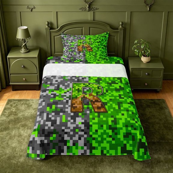 meiyoeat 3D Cartoon Pixelated Print Twin Sheets For Boysmonogram Letter R Bedding,3 Pieces,1 Fitted Sheet and 1 Pillowcase