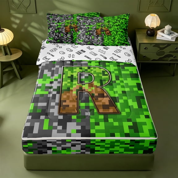 meiyoeat 3D Cartoon Pixelated Print Zipper Twin Comforter Sets with Fitted Sheet and 2 Pillowcases For Boysmonogram Letter R Zipper Bedding Set,Reversible,4 Pieces