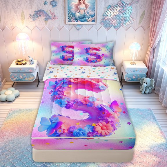 meiyoeat 3D Flower Butterfly Letter S Zipper Comforter Set with Fitted Sheet and 2 Pillowcases for Girls, Rainbow Stars Zipper Bedding Set, Colorful Star Reversible, 3pcs