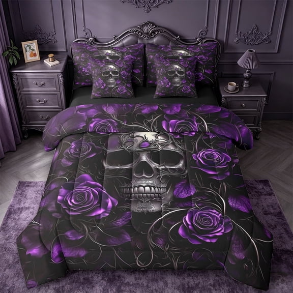 meiyoeat 3D Gothic Skull Pattern 7pcs Queen Bedding For Girls,Purple Rustic Flower Rose Bedding Comforter Set Queen For Kids, Purple Black,Black Reversible
