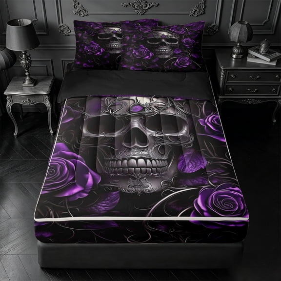 meiyoeat 3D Gothic Skull Pattern Zipper Twin Comforter Sets with Fitted Sheet and 2 Pillowcases For Girls,Purple Rustic Flower Rose Zipper Bedding Set For Kids, Purple Black,Black Reversible,4-Piece