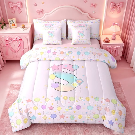 meiyoeat 3D Gradient Initial S 7 Pieces Full Size Bedding SetsRainbow Balloon Monogram Print Full Size Bed in a Bag For Girl,Pink Reversible