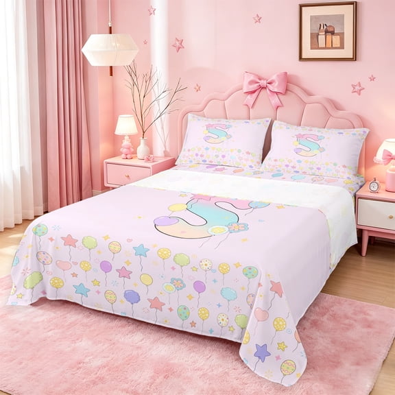 meiyoeat 3D Gradient Initial S Bed SheetsRainbow Balloon Monogram Print Full Size Sheets For Girl,4 Pieces,1 Flat Sheet,1 Fitted Sheet and 2 Pillowcases