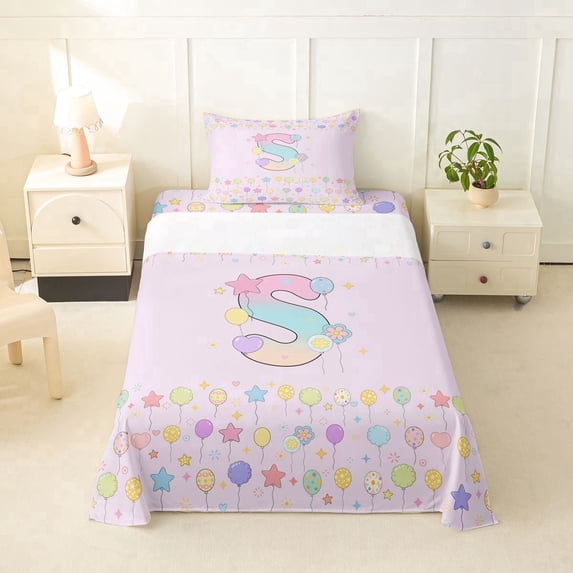 meiyoeat 3D Gradient Initial S Twin SheetsRainbow Balloon Monogram Print Bedding For Girl,3-Piece,1 Fitted Sheet and 1 Pillowcase