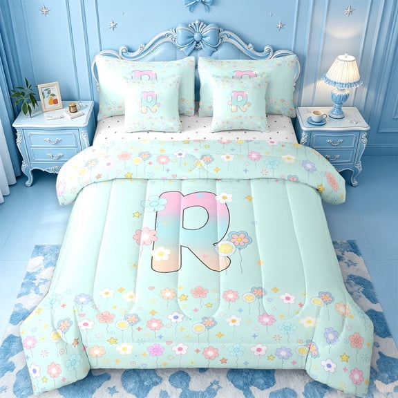 meiyoeat 3D Gradient Monogram R Print 7-Piece Twin BeddingFlower Rainbow Initial Alphabet Theme Bedding Comforter Set For Girl,Reversible