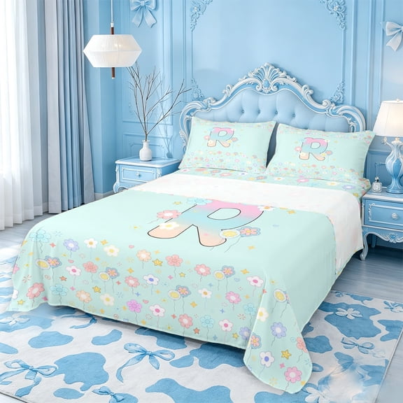 meiyoeat 3D Gradient Monogram R Print Bed SheetsFlower Rainbow Initial Alphabet Theme Full Size Sheets For Girl,4pcs,1 Flat Sheet,1 Fitted Sheet and 2 Pillowcases