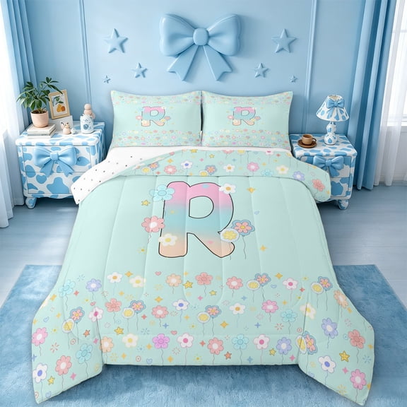 meiyoeat 3D Gradient Monogram R Print Full Size Comforter SetsFlower Rainbow Initial Alphabet Theme Bedding Comforter Set For Girl,Reversible,3pcs,1 Comforter and 2 Pillowcases