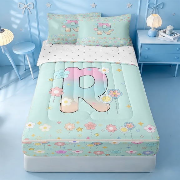 meiyoeat 3D Gradient Monogram R Print Zipper Twin Comforter Sets with Fitted Sheet and 2 PillowcasesFlower Rainbow Initial Alphabet Theme Zipper Bedding Set For Girl,Reversible,4 Pieces