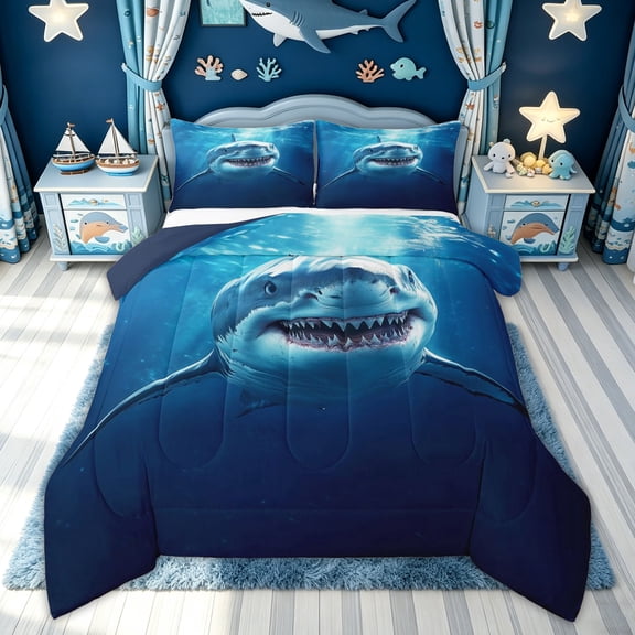 meiyoeat 3D Sea Shark Full Size Comforter Sets for Boys Kids, Blue Ocean Wildlife Bedding Comforter Set, Blue Reversible, 3 Pieces, 1 Comforter and 2 Pillowcases