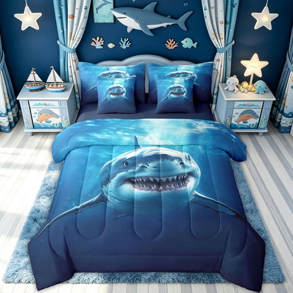 meiyoeat 3D Sea Shark Twin Bedding for Boys Kids, Blue Ocean Wildlife Bedding Comforter Set, Blue Reversible, 7 Pieces