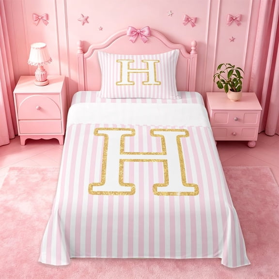 meiyoeat Abstract Geometric Line Design Twin Sheet Sets For Girls,Chic Gold Initial Letter H Art Bedding For Kids,3 Pieces