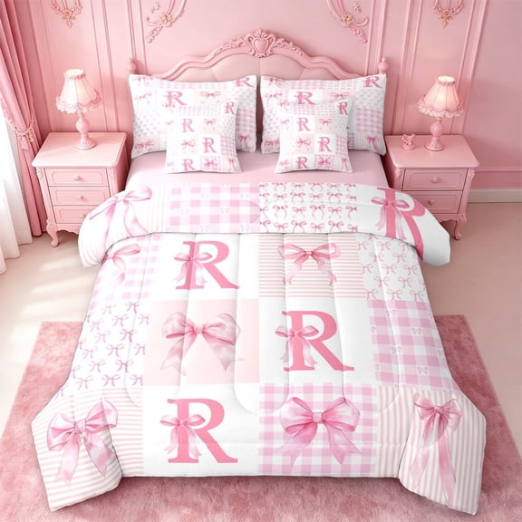meiyoeat Abstract Geometric Plaid Buffalo 7 Pieces Full Size Bedding Sets,Girly Bows Monogrammed R Full Size Bed in a Bag For Kids,Pink Reversible