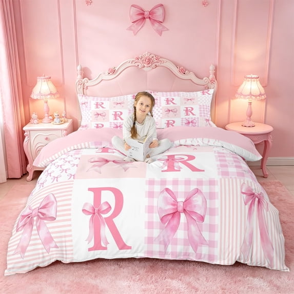 meiyoeat Abstract Geometric Plaid Buffalo Bedding,Girly Bows Monogrammed R Duvet Cover Full For Kids,Pink Reversible,3pcs(No Comforter)