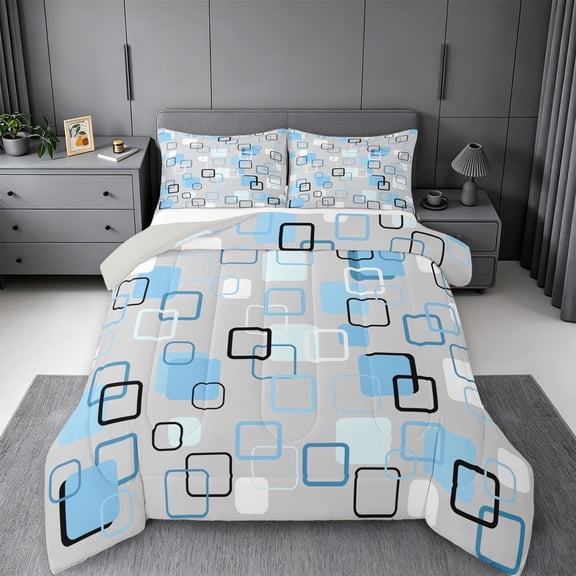meiyoeat Abstract Geometric Plaid King Size Comforter Sets For Kids,Modern 3D Grid Print Comforters King Size For Adults,Light Gray Reversible,3-Piece