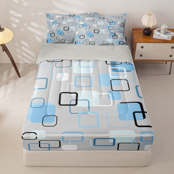 meiyoeat Abstract Geometric Plaid Zipper Twin Comforter Sets with Fitted Sheet and 2 Pillowcases For Kids,Modern 3D Grid Print Zipper Bedding Set For Adults,Light Gray Reversible,4 Pieces