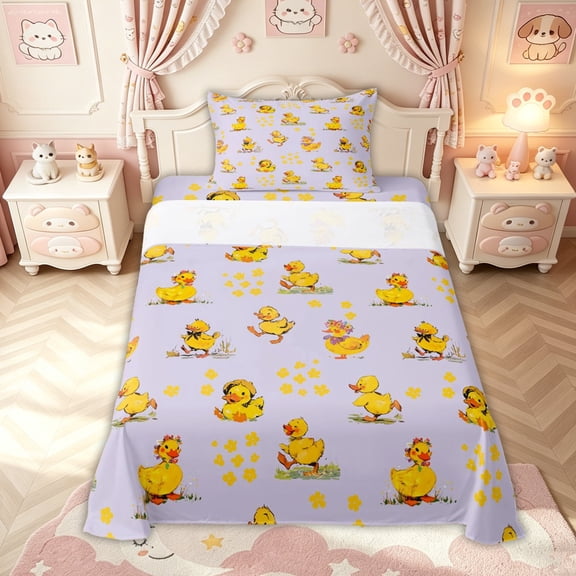 meiyoeat Adorable Duck Twin Sheets for Kids Girls, Watercolor Floral Bedding for Bedroom, Purple, 3pcs