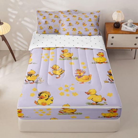 meiyoeat Adorable Duck Zipper Twin Comforter Sets with Fitted Sheet and 2 Pillowcases for Kids Girls, Watercolor Floral Zipper Bedding Set for Bedroom, Purple, ReversibleG