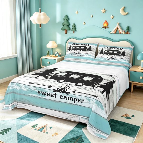 meiyoeat Adventure Happy Camping Bed Sheets,Rustic Camper Full Size Sheets For Boys,4pcs1 Flat Sheet, 1 Fitted Sheet and 2 Pillowcases