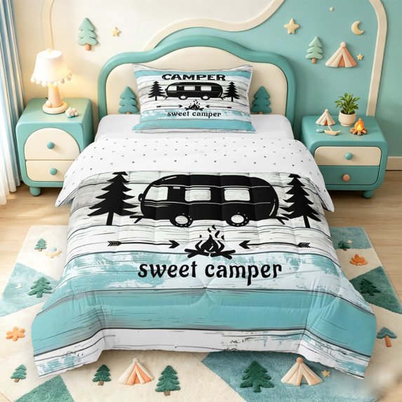 meiyoeat Adventure Happy Camping Twin Comforter Sets,Rustic Camper Bedding Set For Boys,Reversible,2 Pieces,1 Comforter and 1 Pillowcase