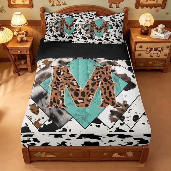 meiyoeat Alphabet Initial M Zipper Twin Comforter Sets with Fitted Sheet and 2 Pillowcases For Boys,Ancient Leopard Cow Print Zipper Bedding Set,Black Reversible,4 Pieces