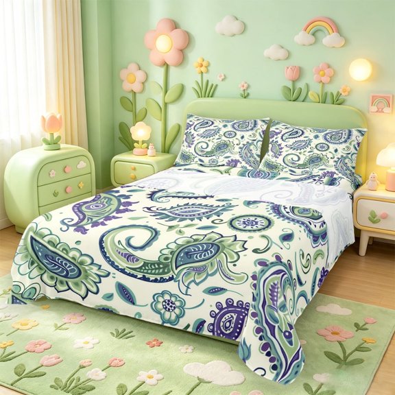 meiyoeat Ancient Paisley Bed Sheets,Nature Print Full Size Sheets For Adults,Green Purple,4pcs1 Flat Sheet, 1 Fitted Sheet and 2 Pillowcases