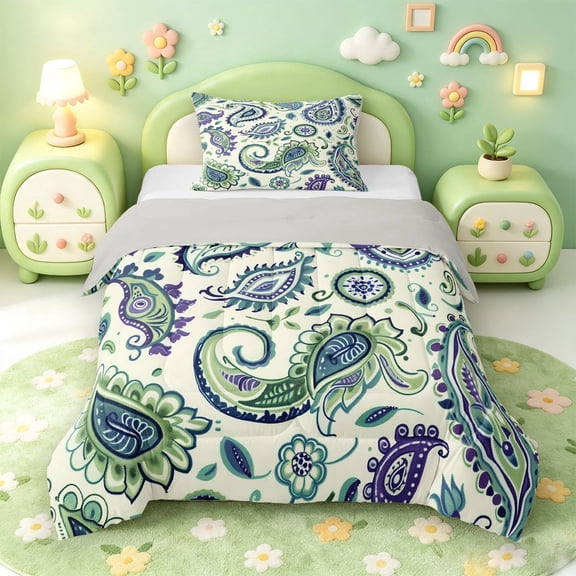 meiyoeat Ancient Paisley Twin Comforter Sets,Nature Print Bedding Set For Adults,Green Purple,Light Gray Reversible,2 Pieces,1 Comforter and 1 Pillowcase