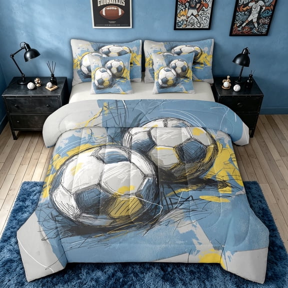 meiyoeat Art Soccer Graffiti Twin Bedding for Boys, Sketch Ball Bedding Comforter Set, Grey Blue, Grey Reversible, 7-Piece