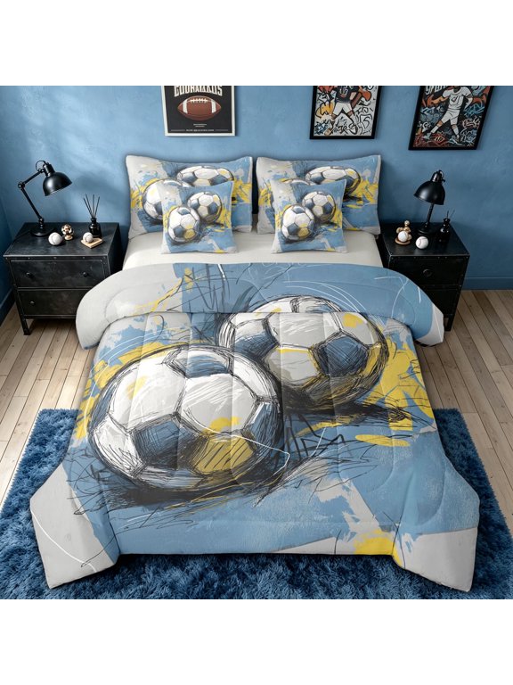 Art Soccer Graffiti Twin Bedding for Boys, Sketch Ball Bedding Comforter Set, Grey Blue, Grey Reversible, 7-Piece