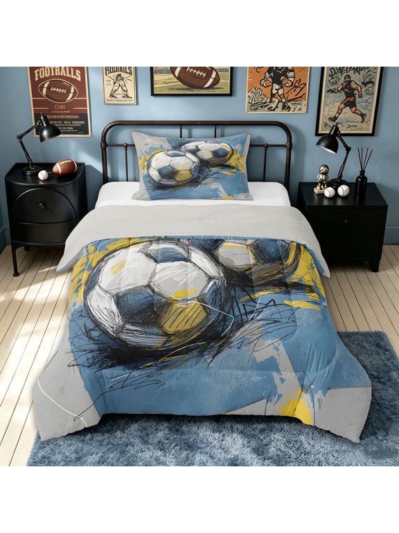 Art Soccer Graffiti Twin Comforter Sets for Boys, Sketch Ball Bedding Set, Grey Blue, Grey Reversible, 2-Piece, 1 Comforter and 1 Pillowcase