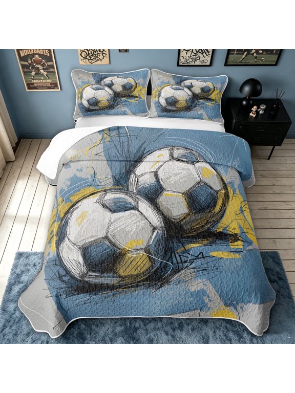 Art Soccer Graffiti Twin Quilt Set for Boys, Sketch Ball Twin Coverlet Set, Grey Blue, 2-Piece, 1 Comforter and 1 Pillowcase