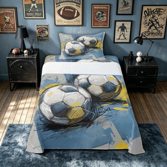 meiyoeat Art Soccer Graffiti Twin Sheets for Boys, Sketch Ball Bedding, Grey Blue, 3-Piece, 1 Flat Sheet, 1 Fitted Sheet and 1 Pillowcase